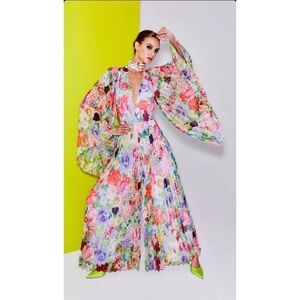 Alice + Olivia Bennet Floral Pleated Wide-Leg Boho Vacation Maxi Jumpsuit Sz 12